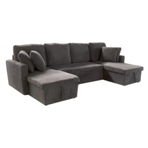 ELLA Canapé panoramique convertible avec coffres 4 places en velours côtelé gris