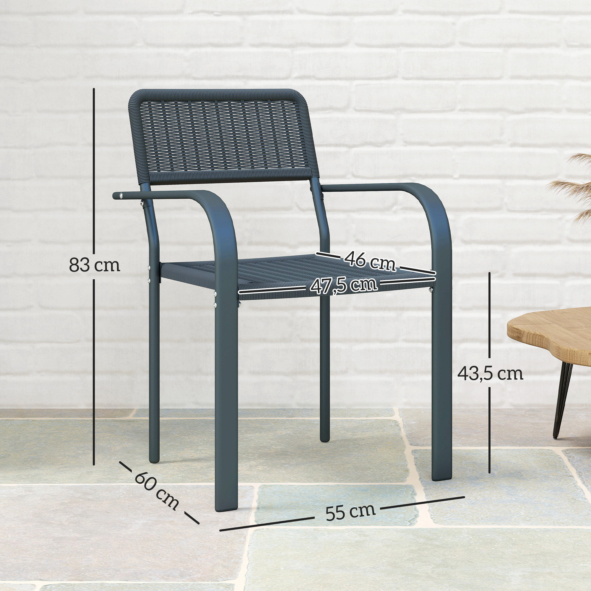 Juego de 4 Sillas de Jardín Exterior Apilables, Sillas de Comedor Exterior Efecto Ratán, con Reposabrazos, Marco de Acero, Resistente a la Intemperie y Ligero, 55x60x83 cm, Gris Oscuro