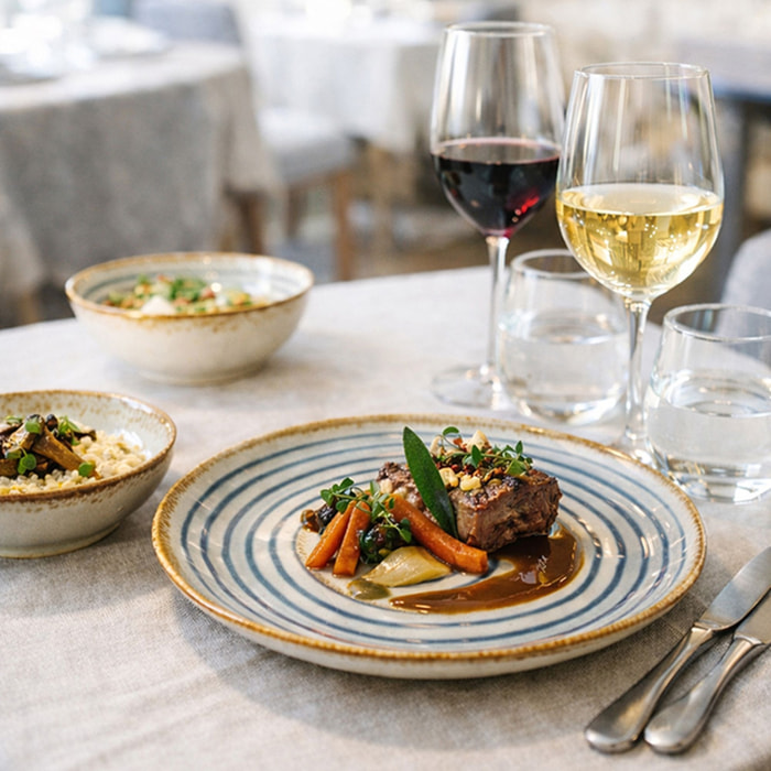 Service de table 36 pièces en faïence bleu et beige  SPIRALE