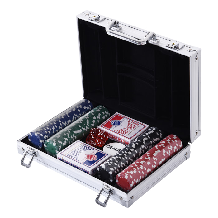 Maletín de Poker Profesional de Aluminio con 200 Fichas Juego Set de Poker Casino con 5 Dados 2 Barajas de Cartas y 1 Ficha de Crupier 29,5x20,5x6,5 cm Multicolor