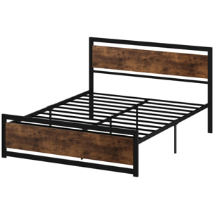 Lit double design industriel - tête de lit, pied de lit et sommier - dim. 208L x 167l x 103H cm - compatible matelas 200L x 160l cm - acier noir MDF aspect bois avec veinage