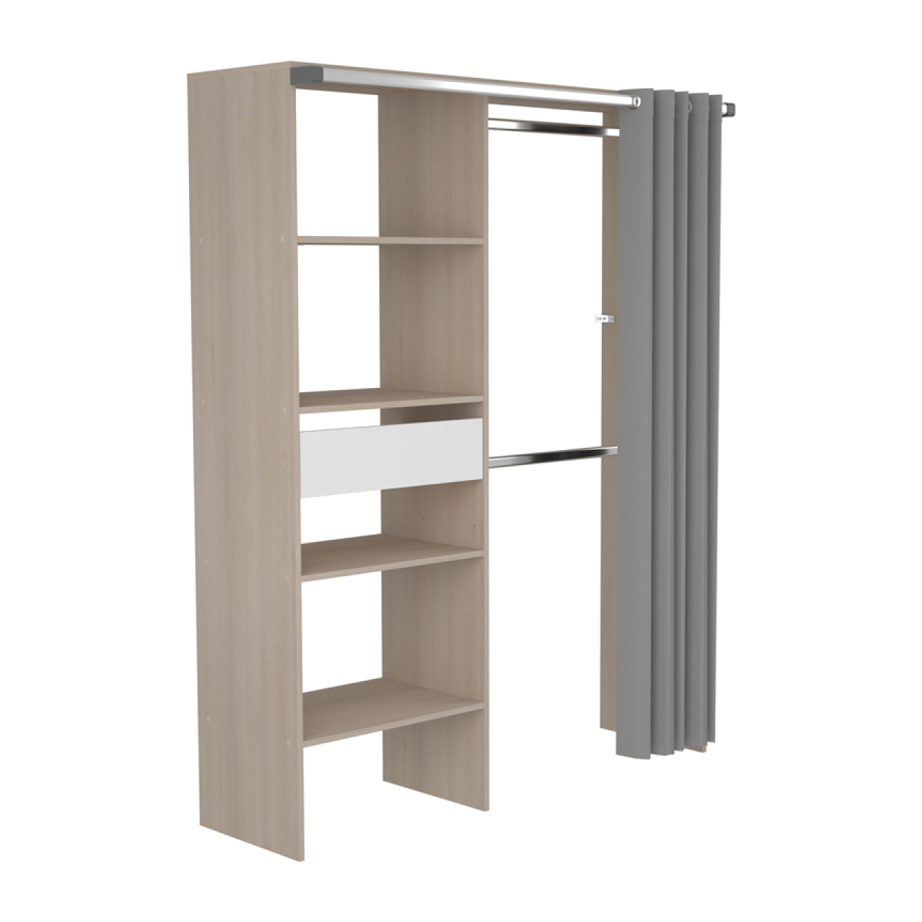 MONTRELO Dressing avec rideau, 4 étagères, 2 penderies et un tiroir bois et blanc