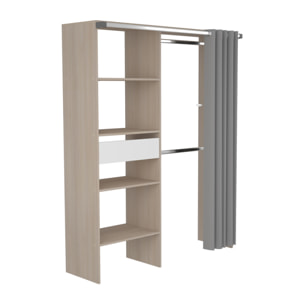 MONTRELO Dressing avec rideau, 4 étagères, 2 penderies et un tiroir bois et blanc