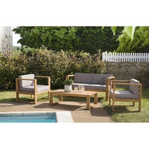 KIM - SALON DE JARDIN EN BOIS TECK - 1 canapé 2p. , 2 fauteuils coussins waterproof et table basse rectangulaire 110x60 cm