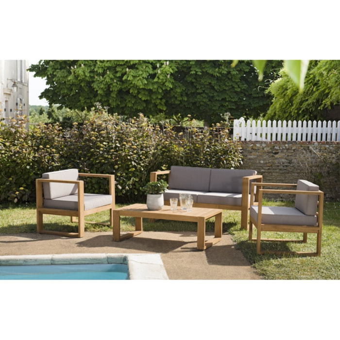 KIM - SALON DE JARDIN EN BOIS TECK - 1 canapé 2p. , 2 fauteuils coussins waterproof et table basse rectangulaire 110x60 cm