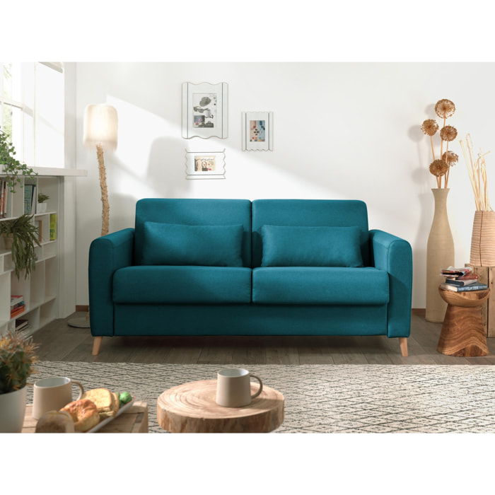 Timo - Canapé 3 places convertible - couchage quotidien - matelas 12 cm - en tissu - Bleu canard