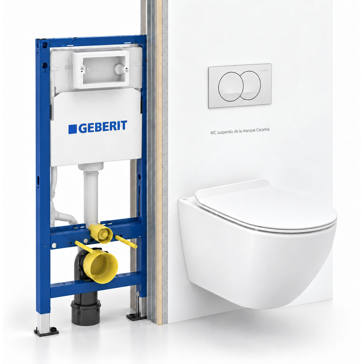 Pack WC suspendu Geberit Duofix, cuvette WC Ceramia sans bride à chasse tourbillonnante, abattant SoftClose, plaque blanche