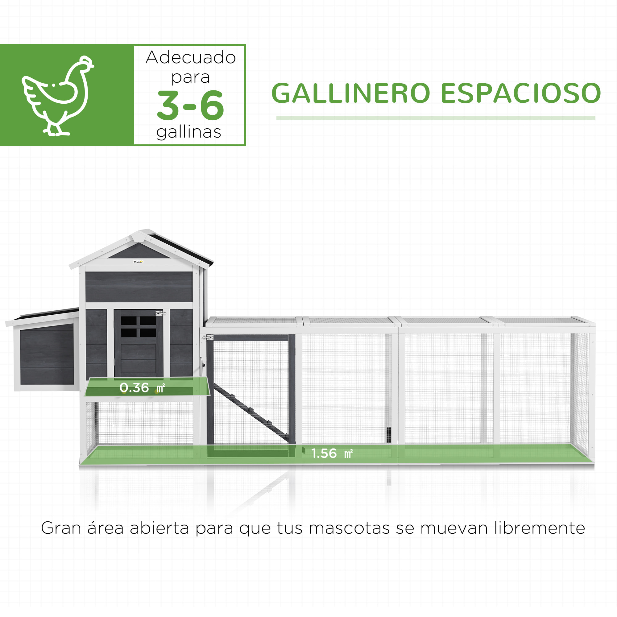 Gallinero para Exterior Gallinero de Madera Jaula Grande para 3-6 Gallinas con Ponedero Techo Asfáltico Bandeja Extraíble y Rampa 297,5x68x118 cm Gris y Blanco
