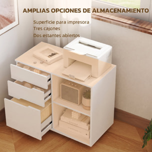 Mueble para Impresora con Ruedas, Mesa para Impresora con 3 Cajones, Barra Ajustable, 2 Estantes Abiertos y Asas, para Documentos Tamaño A4, Carta, Archivador Móvil para Oficina en Casa, Blanco