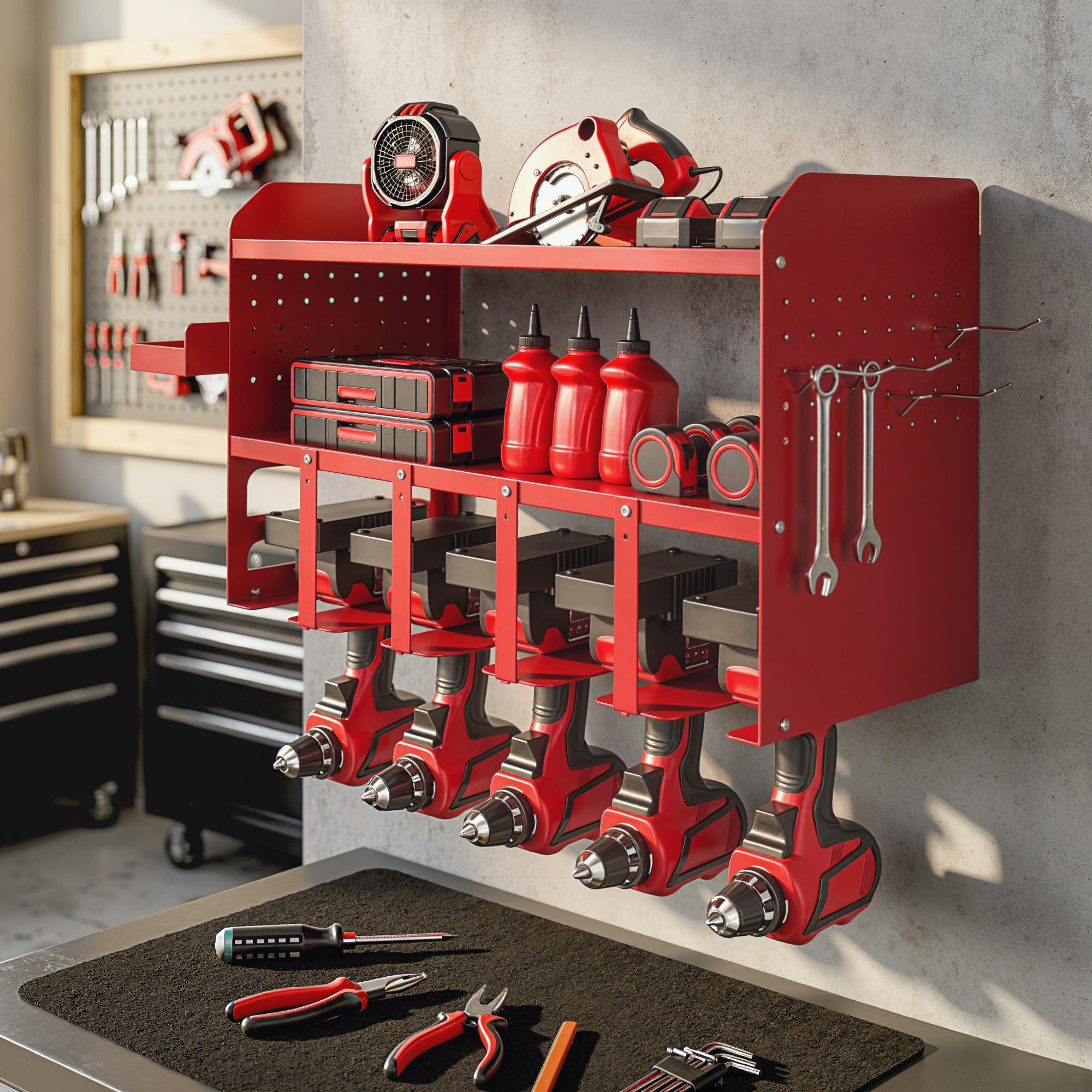 Organizador de Herramientas Eléctricas de Jardín, Estante de Almacenamiento de Pared de 2 Niveles para 5 Taladros, Soporte de Metal con Bandeja Lateral y 4 Ganchos, para Garaje,Taller, Rojo