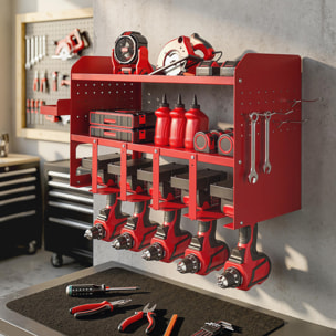 Organizador de Herramientas Eléctricas de Jardín, Estante de Almacenamiento de Pared de 2 Niveles para 5 Taladros, Soporte de Metal con Bandeja Lateral y 4 Ganchos, para Garaje,Taller, Rojo