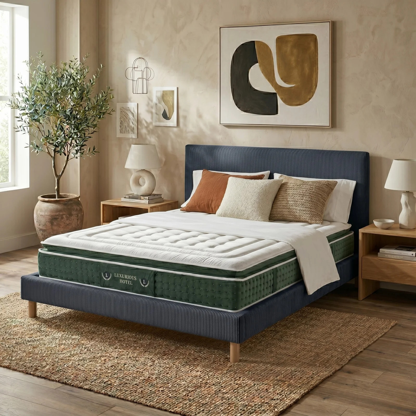 Ensemble matelas Jade & lit fixe Colisée | Mémoire de forme et ressorts ensachés | cadre à lattes | Bouclette | Camel