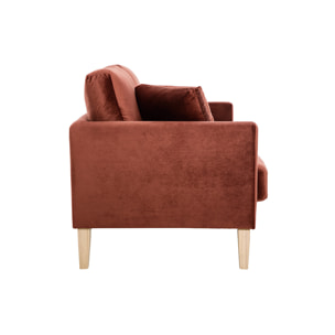 Canapé scandinave déhoussable 2 places en tissu velours rouge tomette et bois clair OSLO