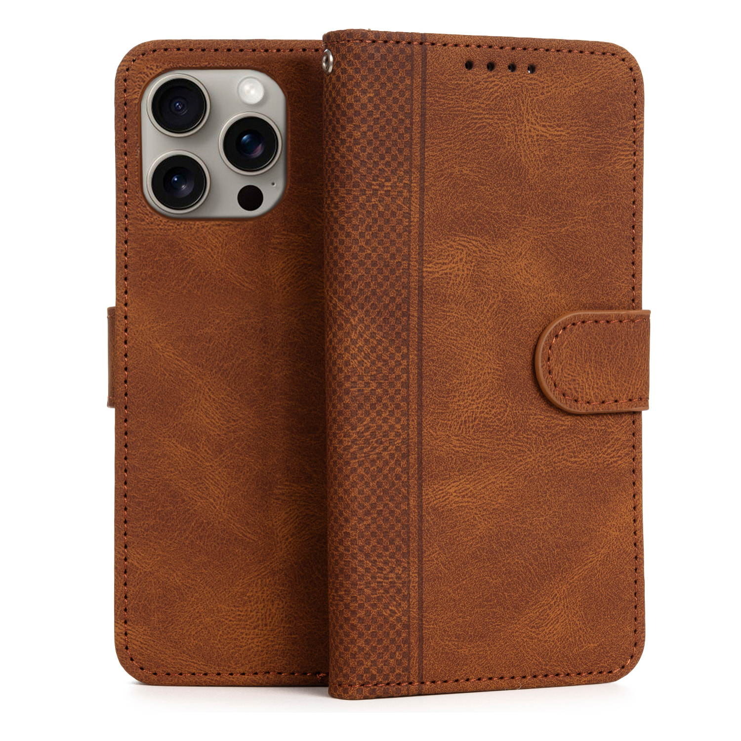 Custodia in similpelle antiurto stile libro per iPhone 15 Pro Max. Portacarte interno, cinturino da polso removibile.