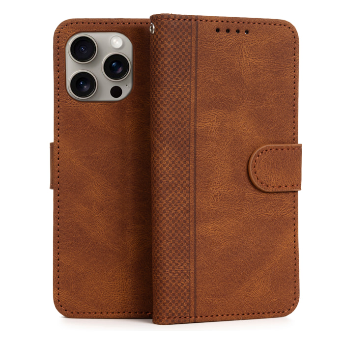 Custodia in similpelle antiurto stile libro per iPhone 15 Pro Max. Portacarte interno, cinturino da polso removibile.