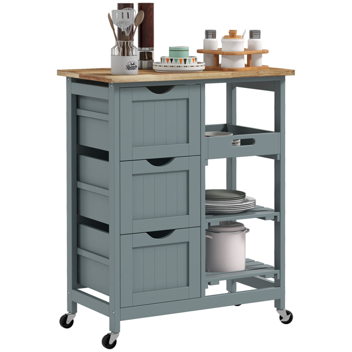 Carro de Cocina Carrito Auxiliar con Ruedas Tablero de Madera 3 Cajones 2 Estantes Abiertos y Bandeja Extraíble para Comedor Salón 67x37x85,5 cm Gris