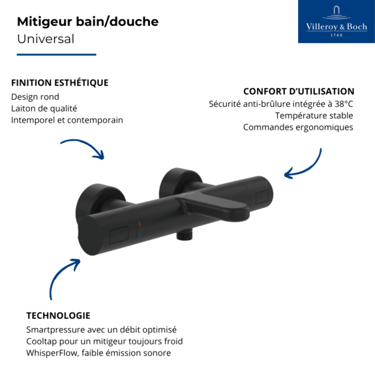 Mitigeur bain douche thermostatique VILLEROY ET BOCH Universal Taps & Fittings rond