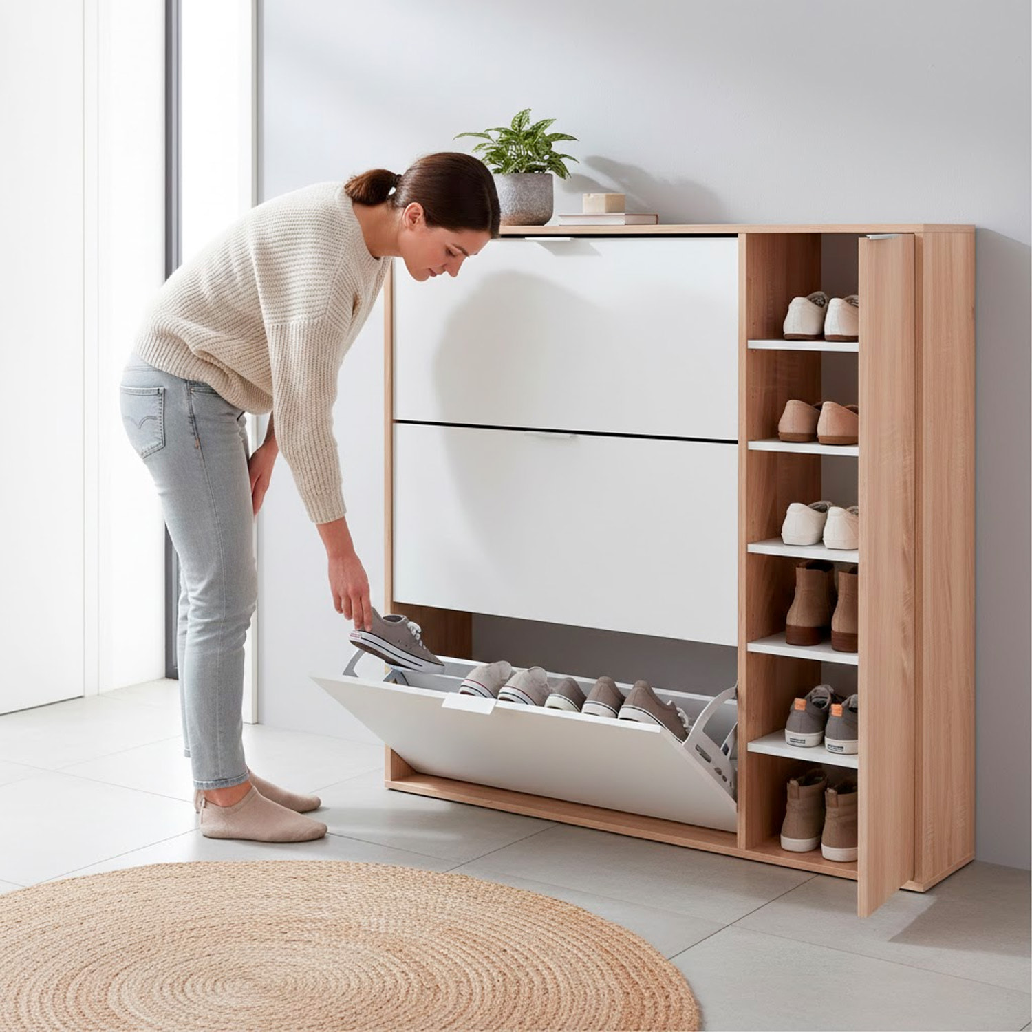 Scarpiera Salvaspazio A 3 Ribalte E 1 Anta Con Ripiani Mobile Porta Scarpe Da 30 Paia Per Ingresso Corridoio Cameretta 106x115x22 Cm Bianco E Rovere