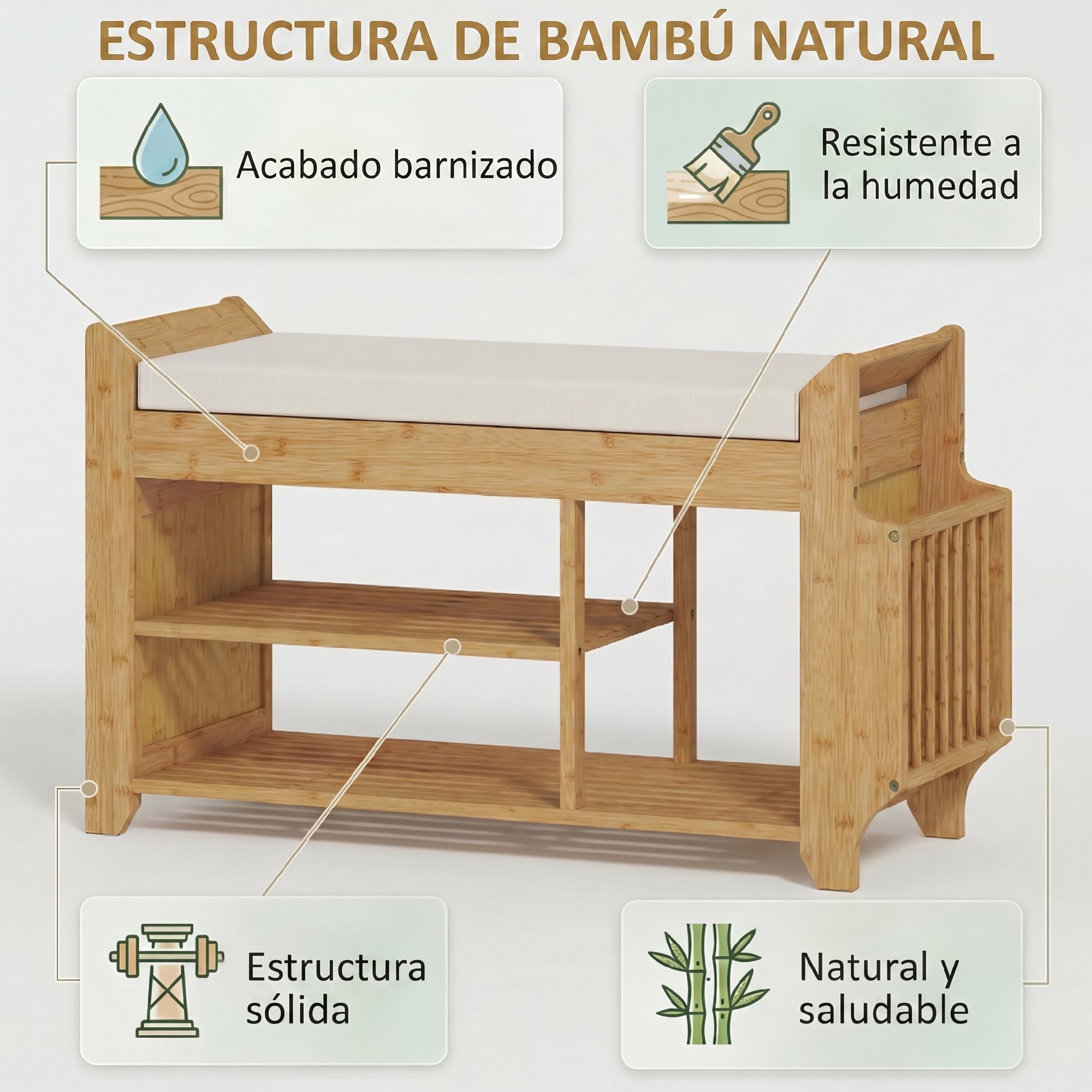 Banco Zapatero, Banco Recibidor con Asiento Acolchado, Almacenamiento Lateral, Estante para Botas, Marco de Bambú, para Entrada, Pasillo, Salón, 80x30x50 cm, Natural y Beige