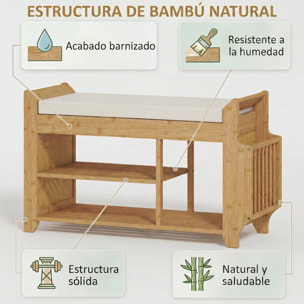 Banco Zapatero, Banco Recibidor con Asiento Acolchado, Almacenamiento Lateral, Estante para Botas, Marco de Bambú, para Entrada, Pasillo, Salón, 80x30x50 cm, Natural y Beige