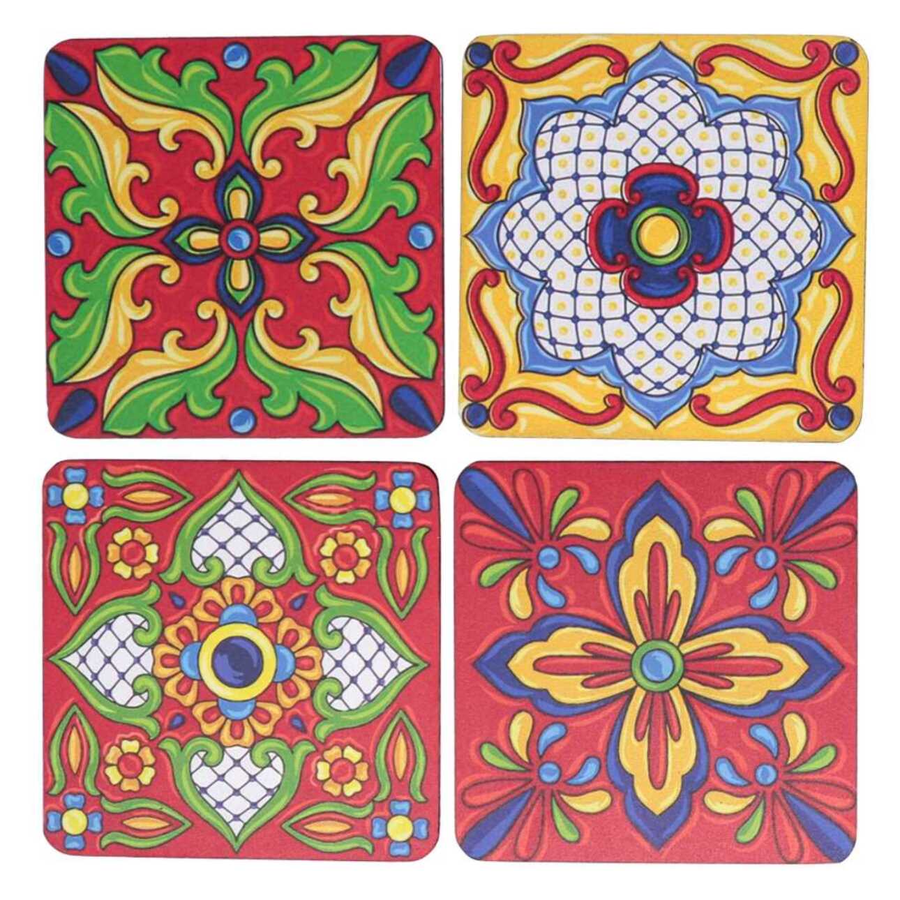 Sottobicchiere in legno confezione da 4 pezzi assortiti rosso quadro cm10x10x0,5