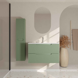 Meuble et colonne de Salle de Bains LEON 80cm Vert Olive - Façades Ondulées - Vasque Blanche Mate