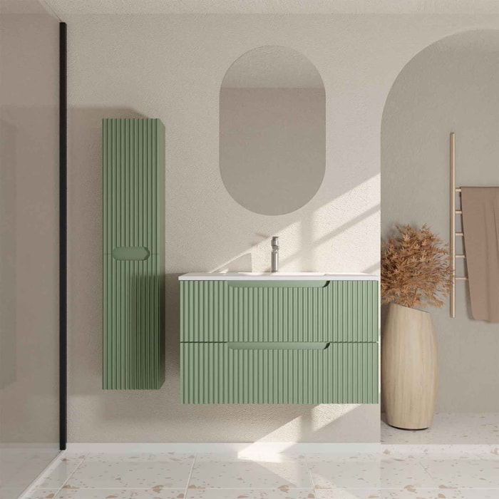 Meuble et colonne de Salle de Bains LEON 80cm Vert Olive - Façades Ondulées - Vasque Blanche Mate