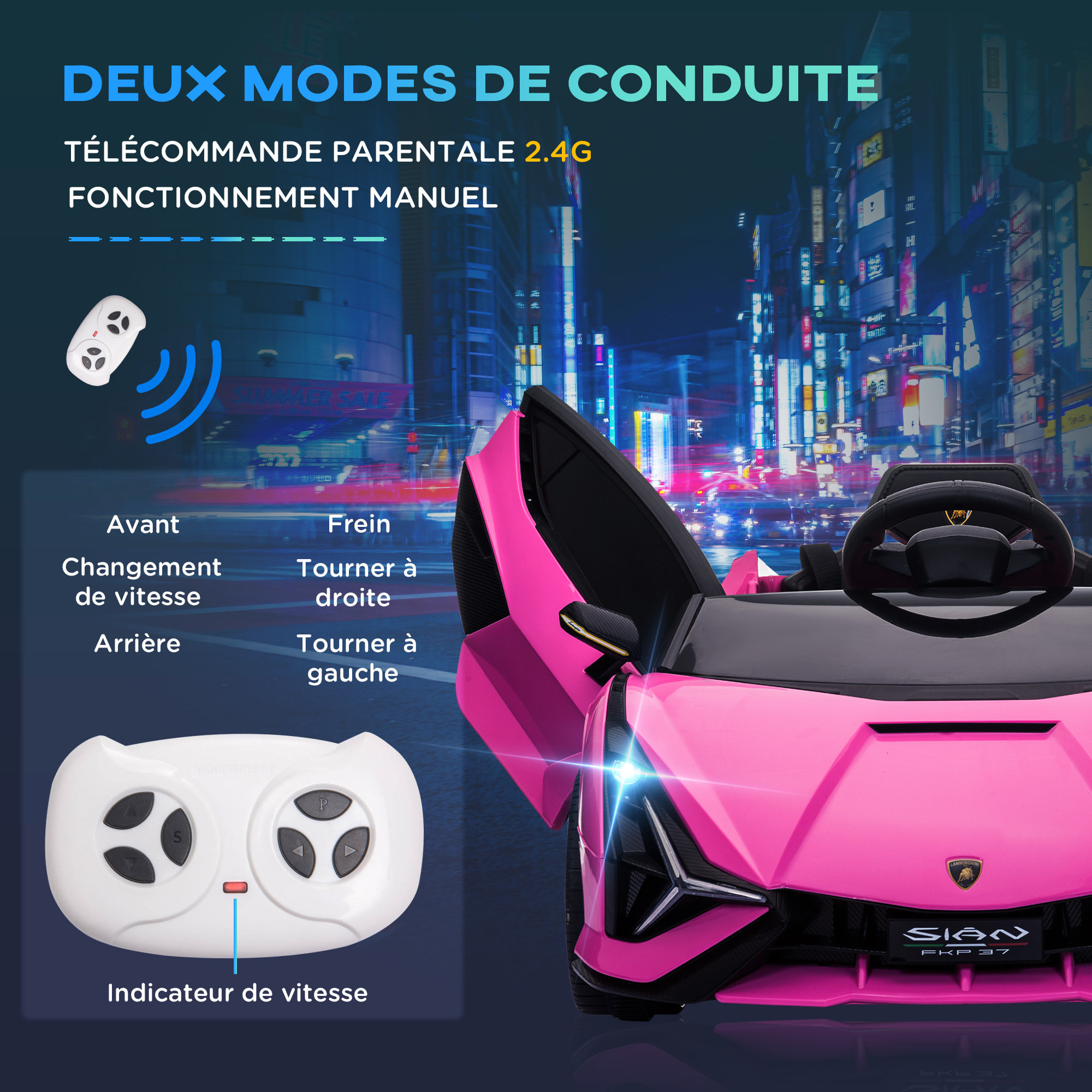 Voiture électrique enfant de sport supercar 12 V - V. max. 5 Km/h effets sonores + lumineux rose