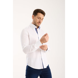 Camicia Uomo 2 Bottoni Button Down Slim Satin Unito Bianco