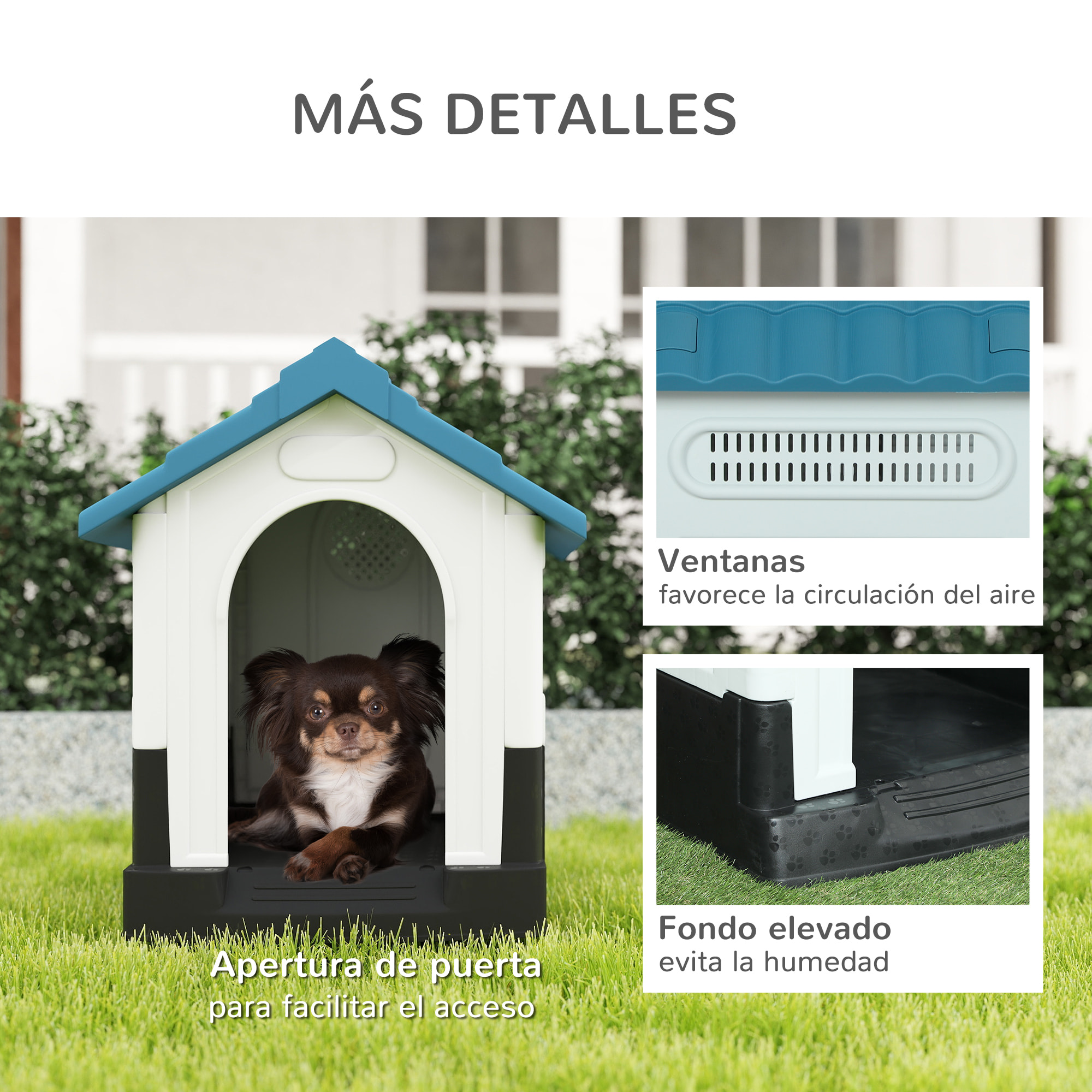 Caseta para Perros Mini para Exterior, Casa para Perros de Plástico con 3 Ventanas, Base Elevada, Techo de Tejas de Imitación, 64,5x57x66 cm, Azul