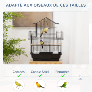 Cage à oiseaux design maison perchoirs mangeoires balançoire 3 portes plateau excrément amovible + poignée transport métal noir