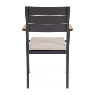 Set 4 sedie da giardino ZELMAR con cuscino tortora, braccioli effetto legno e struttura in alluminio antracite