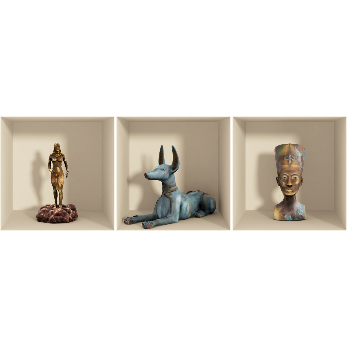 Stickers muraux 3D | Sticker Mural Autocollant effet 3D Egypte statues et vases - Stickers adhésifs 3D Chambre Salon Trompe l'oeil