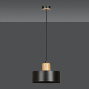 Lampada a sospensione Torin in acciaio nero opaco e legno