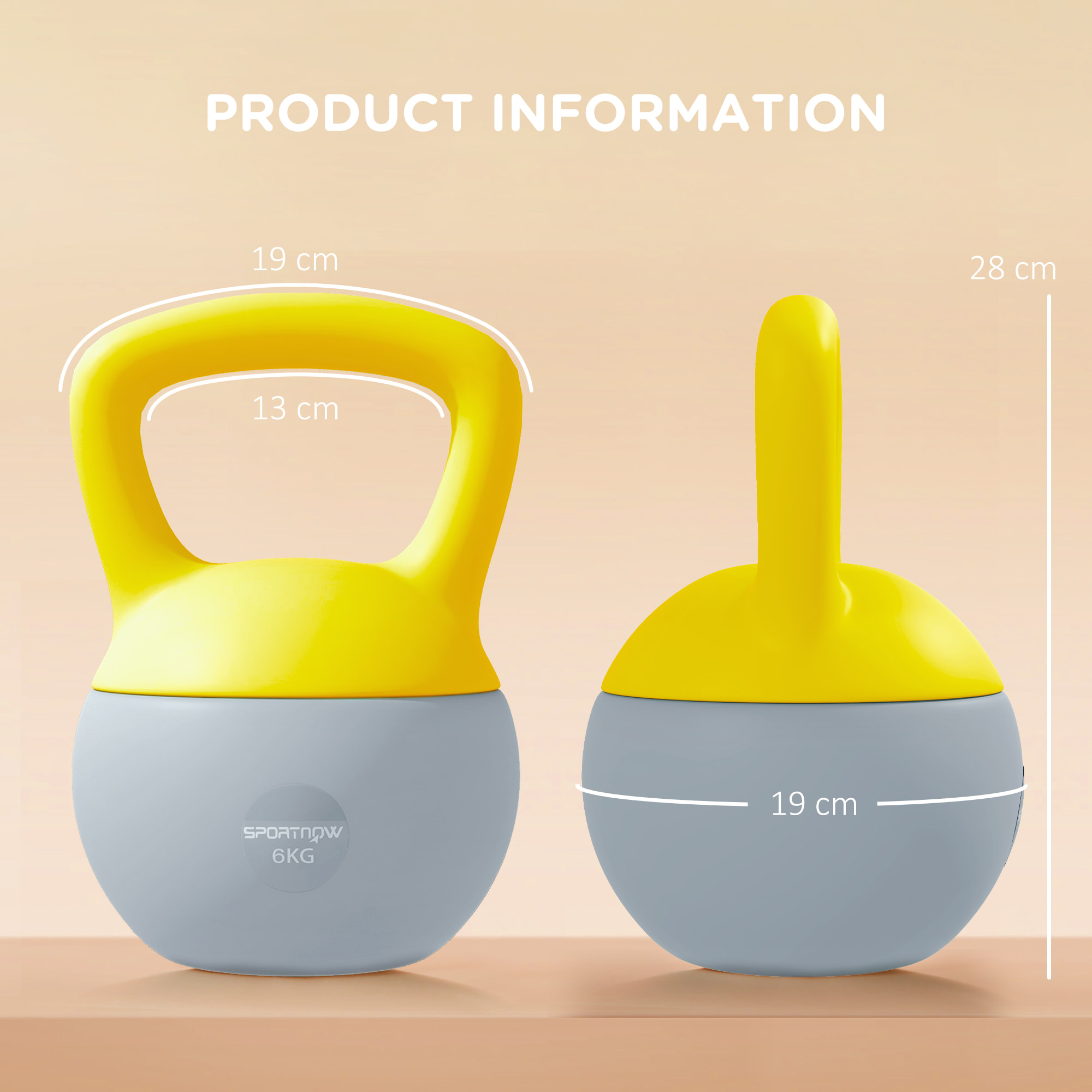 Kettlebell 6 Kg - prise ergonomique - entraînement musculaire & haltérophilie - PVC gris jaune