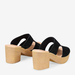 Sandalias de piel negras con tacón efecto esparto