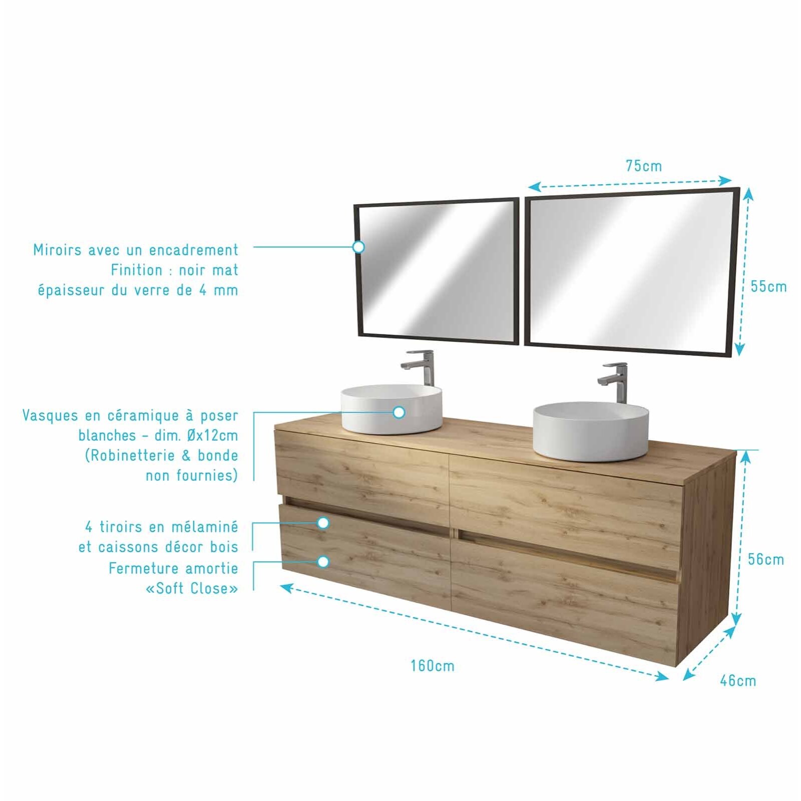 Meuble Salle de Bains 160 TIMBER Décor Chêne 4 Tiroirs Plan Vasques à Poser Blanches 2 Miroirs 75x55