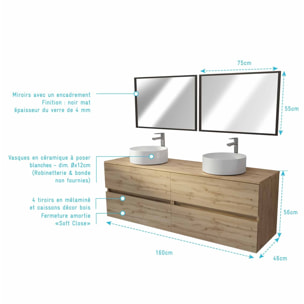 Meuble Salle de Bains 160 TIMBER Décor Chêne 4 Tiroirs Plan Vasques à Poser Blanches 2 Miroirs 75x55