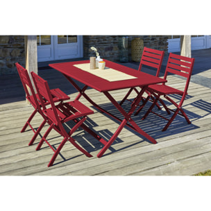 MARIUS - Ensemble repas de jardin 4 places en aluminium rouge carmin