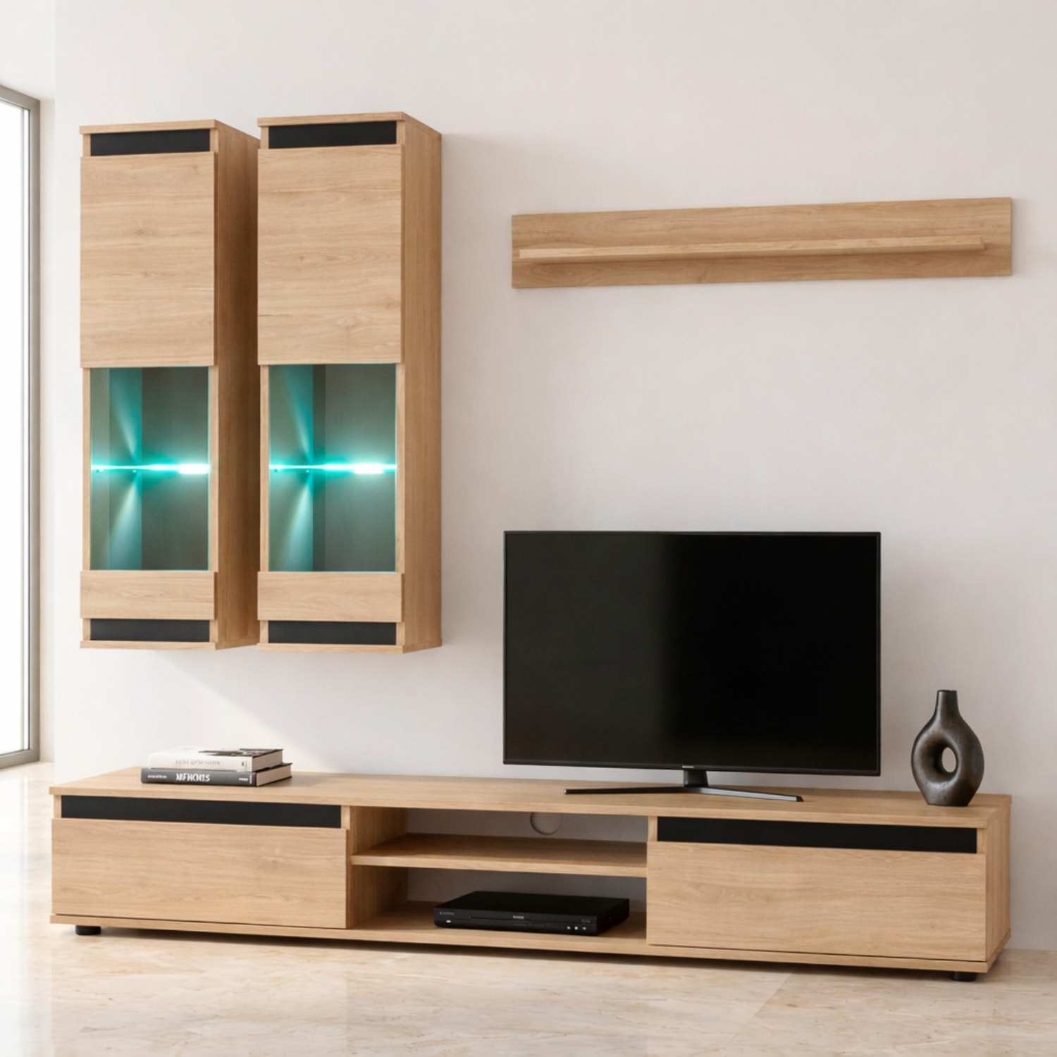 Parete Attrezzata Soggiorno Mobile Tv Vetrine Led Mensola Moderno Living Arredo Contenitore Vani Giorno Resistente 175x150x37 Cm Rovere Chiaro E Nero