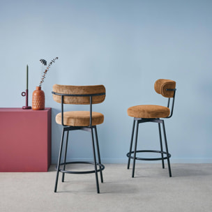 Lot de deux tabourets de bar assise rotative métal noir et tissu camel - L 50 x P 50 x H 92cm - Iris