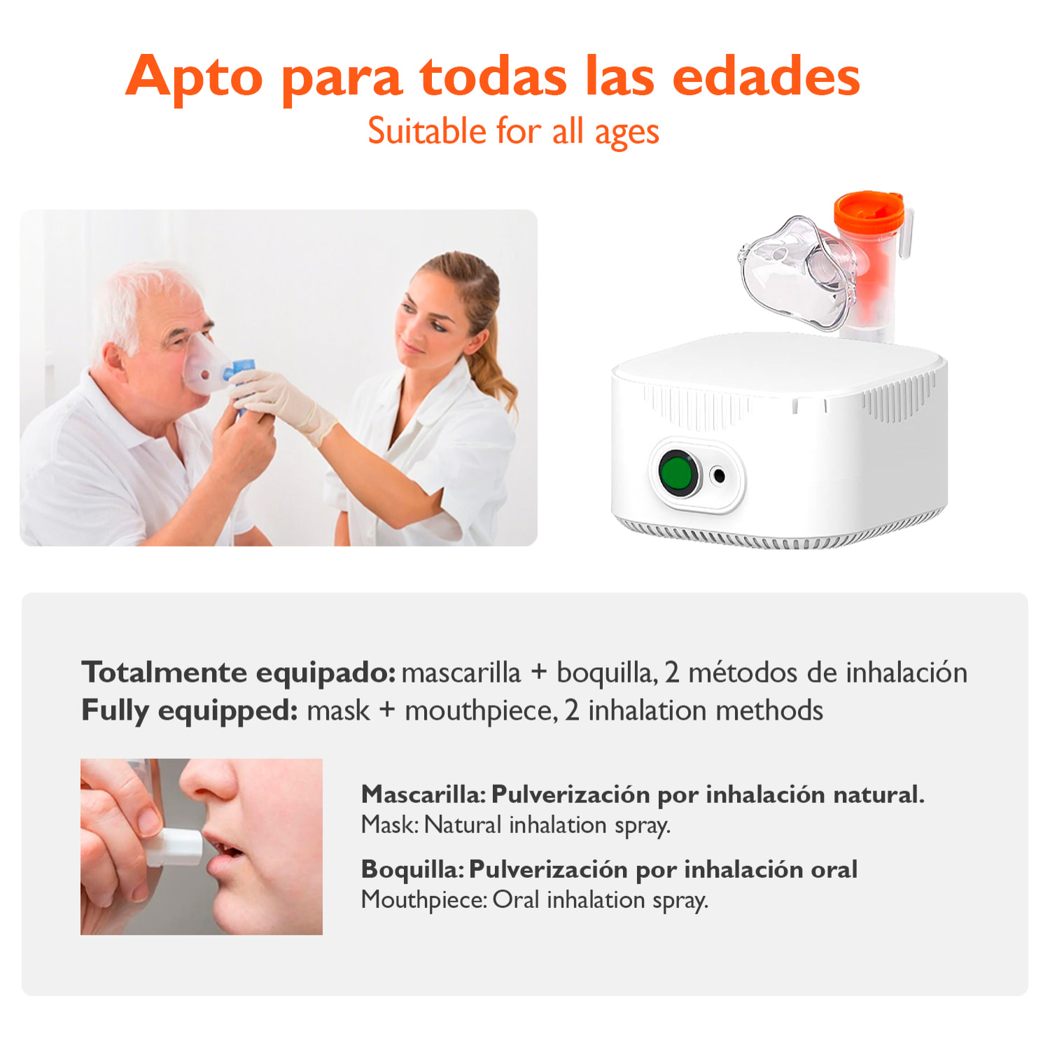 Nebulizador con compresor SL-W310, diseñado para el cuidado del asma, alergias y otros trastornos respiratorios. Incluye mascarilla y boquilla.