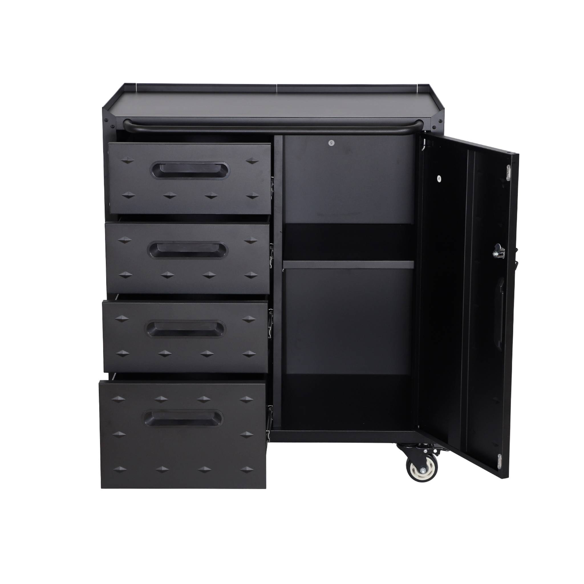 Meuble bas de rangement pour garage avec 4 tiroirs et une porte