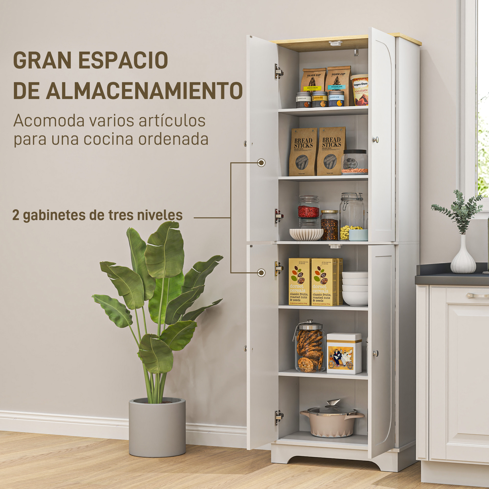 Alacena de Cocina Alta, Mueble Auxiliar de Cocina con 4 Puertas, Estantes Ajustables, para Comedor, Salón, Blanco, 60x30x183 cm