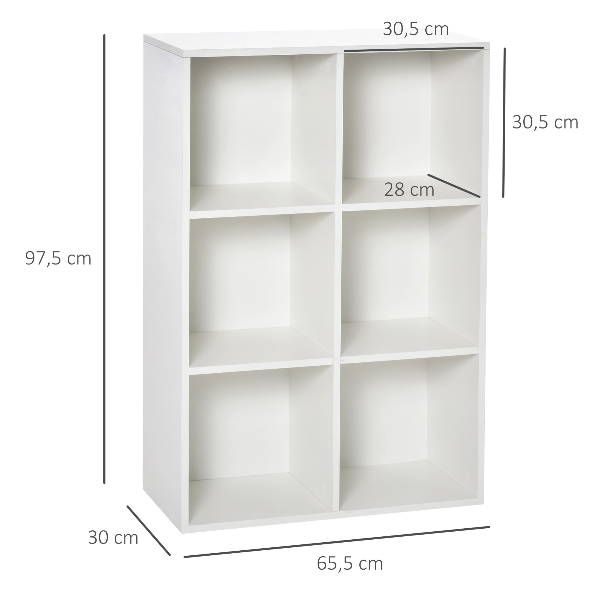 Estantería para Libros Estantes de Madera de 3 Niveles con 6 Cubos de Almacenaje para Sala de Estar Dormitorio Oficina 65,5x30x97,5 cm Blanco