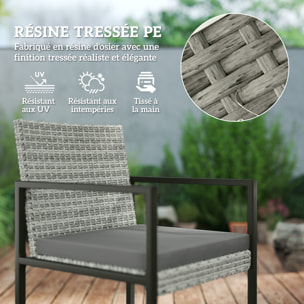 Ensemble salon de jardin 8 places 9 pièces - 4 fauteuils, 4 tabourets, table à manger - acier résine tressée gris
