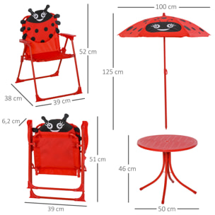 Ensemble salon de jardin enfant 4 pcs design coccinelle - table ronde + 2 chaises pliables + parasol - métal époxy oxford rouge