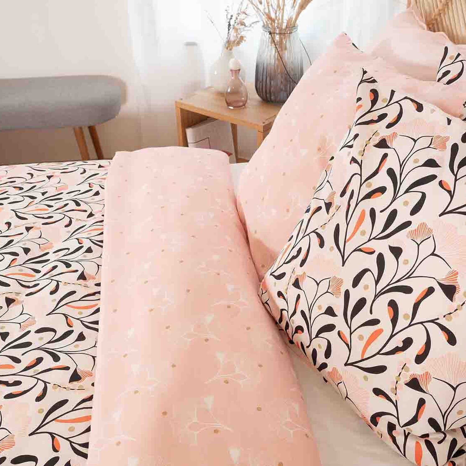 Parure housse de couette imprimé 100% satin de coton - joy - rose