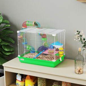 Cage à hamster 2 niveaux avec poignée - avec tunnel, biberon eau, roue, maisonnette, échelles - vert