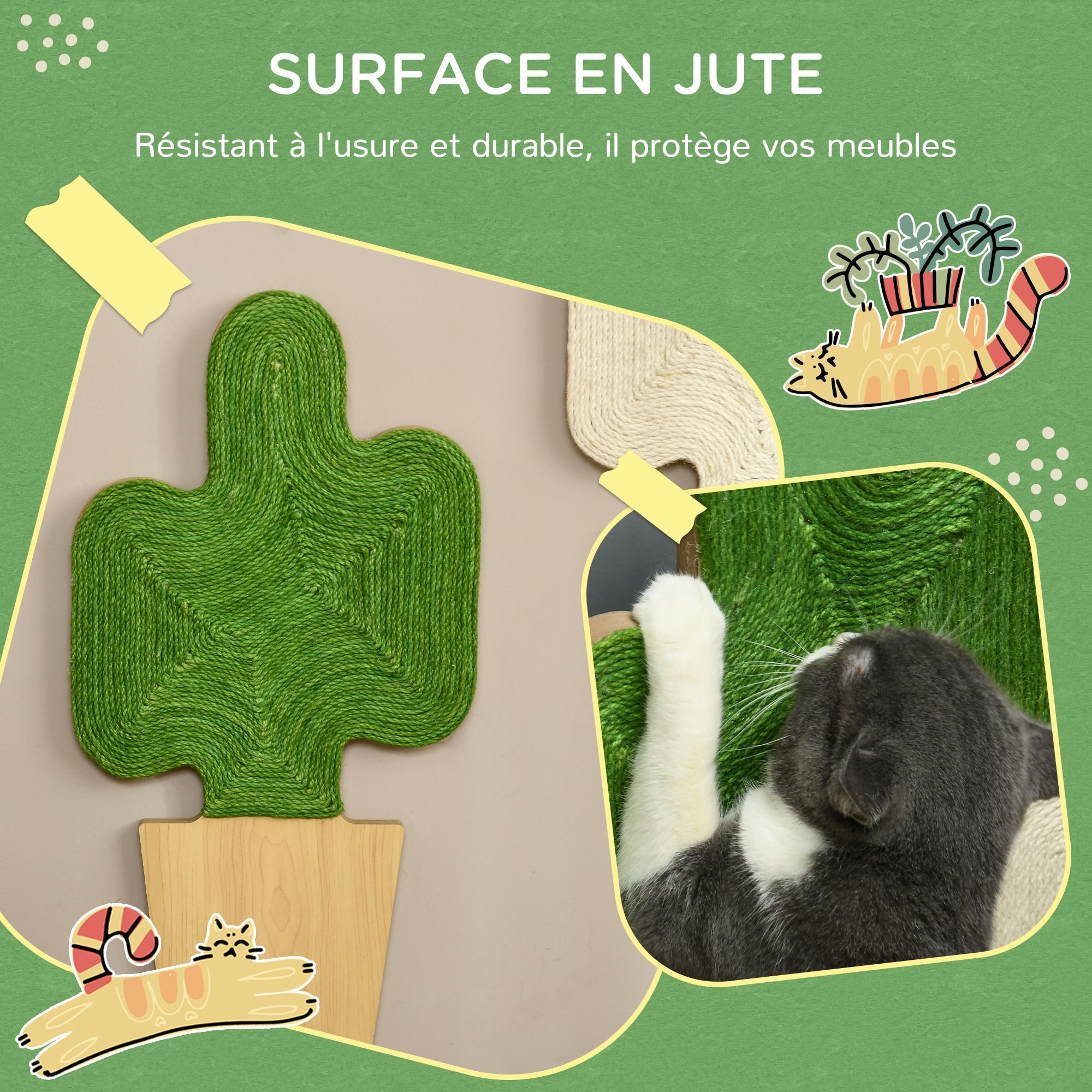 Lot de 2 griffoirs grattoirs murals design cactus dim. 30L x 60H cm jute naturelle écru verte aspect bois clair